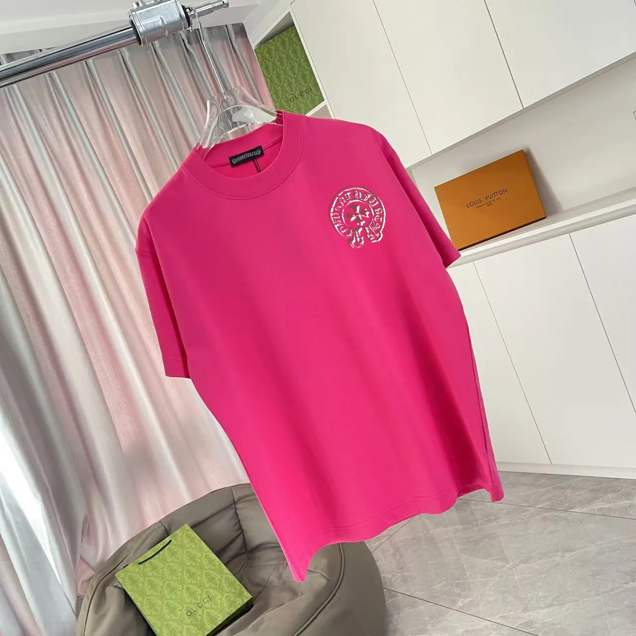 🅿️170 ch Cro* 2025 summer new style Sanskrit cross horseshoe print short-sleeved T-shirt customized fabric 300g same style for men and women Size: S M L XL XXL five sizes Color: black white rose red iron gray